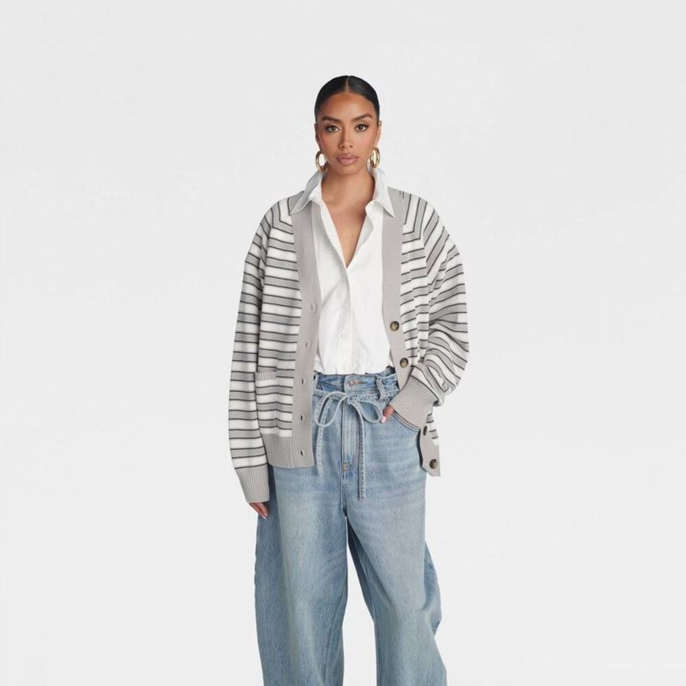 KBB by KAHLANA Women's 'The Grandpa Cardi Sweater' - Gray Striped M